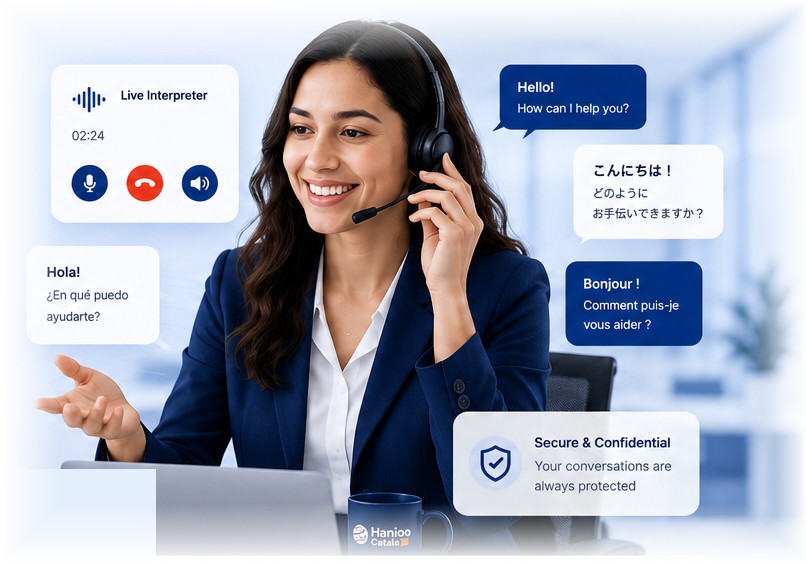 Hanioo - live interpreter connecting a call across English, Spanish, French and Japanese